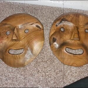 Handcrafted Wooden Mask Wall Decor hand Made TEAK wood (2pc Set) Natural Brown